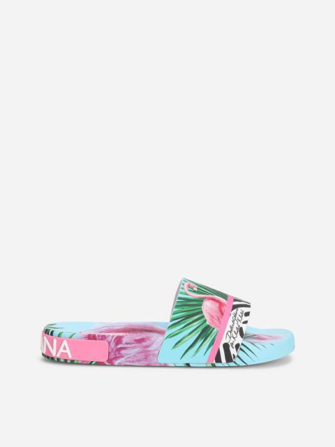 Dolce & Gabbana Rubber beachwear sliders with flamingo print