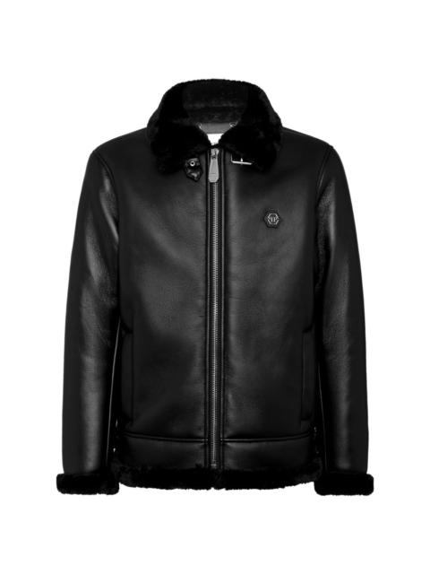 logo-patch faux-leather bomber jacket