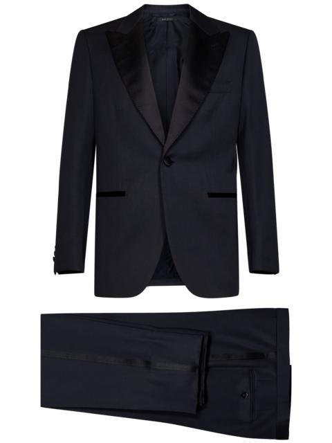 Brioni Blue virgin wool tuxedo suit with single-breasted blazer and silk satin details.