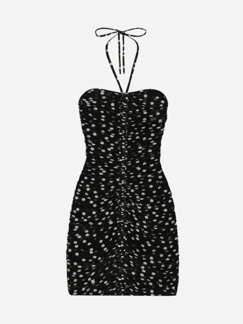 Short draped tulle dress with polka-dot print