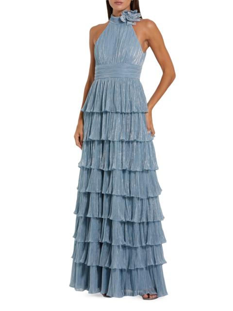 MAC DUGGAL Women's Metallic Pleated Tiered Gown - Powder Blue