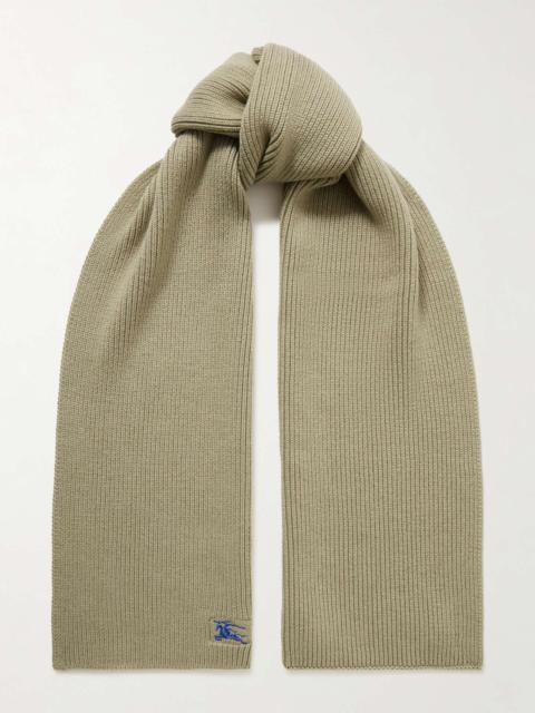 Logo-embroidered ribbed cashmere scarf