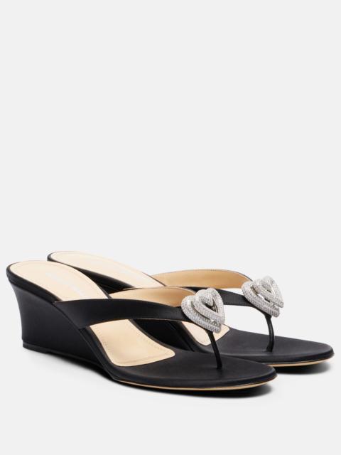 MACH & MACH Double Heart satin wedge thong sandals