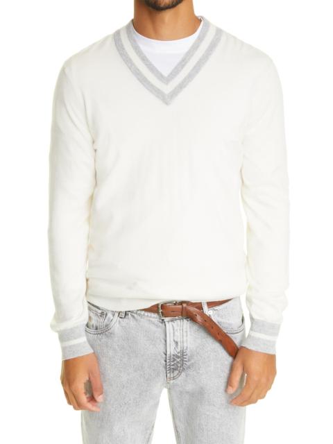 Brunello Cucinelli Stripe V-Neck Cashmere Sweater in White at Nordstrom