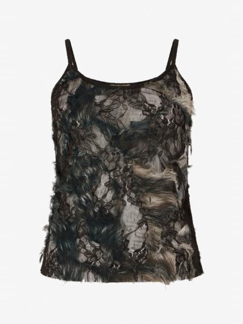 Roberto Cavalli Top with Fur Print on Destroyed-Effect Lace