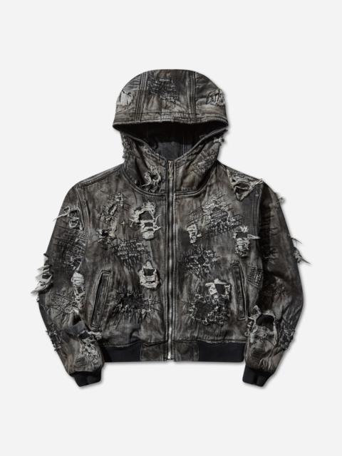 Thug Club Men's Hard-Washed Damaged Denim Hooded Zip-Up Jacket Black