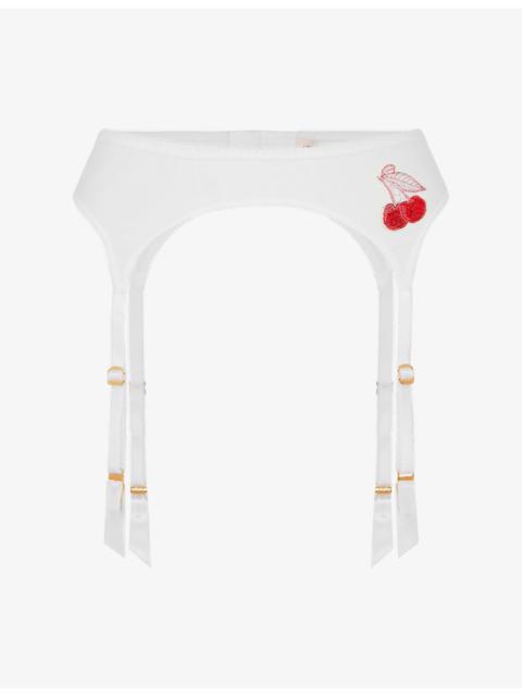 Agent Provocateur Perri Cherry-Embroidered Sheer-Tulle Suspenders