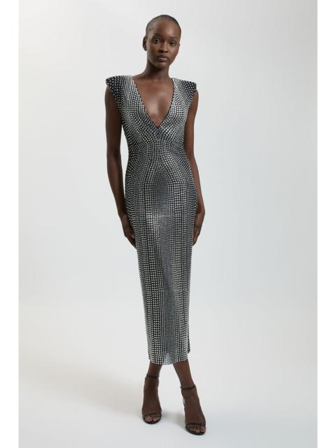 KAREN MILLEN Premium Crystal Embellished Jersey Sleeveless Plunge Neck Midi Dress
