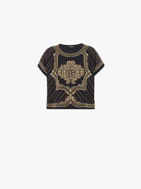 Cropped black eco-designed cotton T-shirt with embroidered gold-tone studs