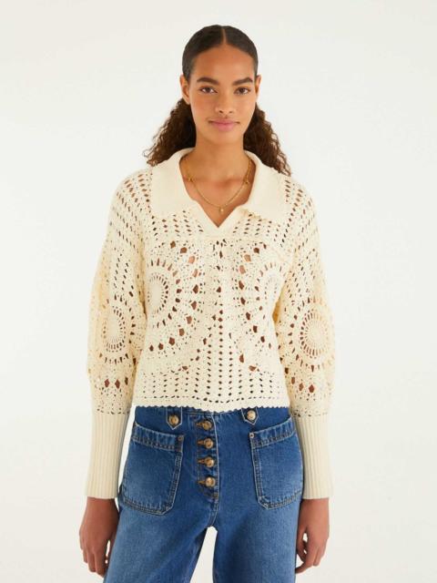 FARM RIO Off-White Polo Crochet Sweater
