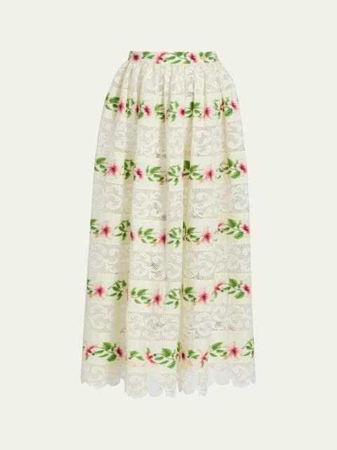 Oscar de la Renta Chine Hibiscus Striped Lace-Inset Midi Skirt