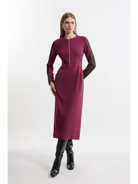 KAREN MILLEN Petite Tailored Twill Lace Mix Zip Front Midi Dress