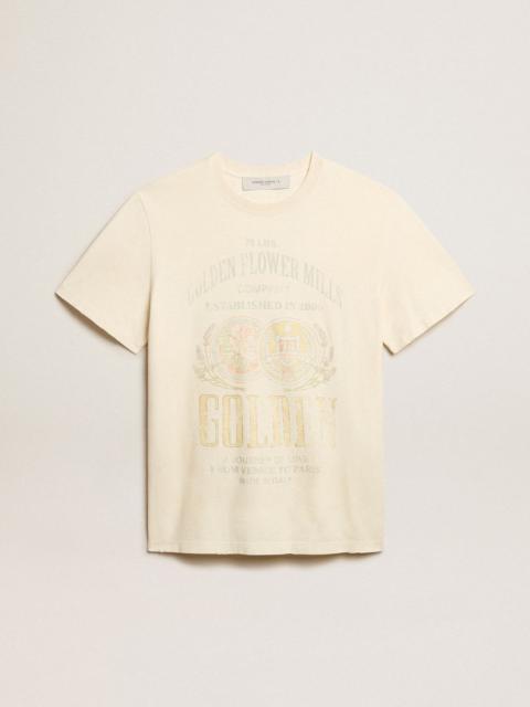 Golden Goose Men’s aged white cotton T-shirt with print on the front