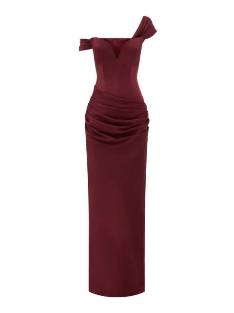 ALEX PERRY Off-The-Shoulder Corseted Satin Gown burgundy