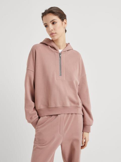 Brunello Cucinelli Cotton smooth French terry hooded sweatshirt with shiny half zip