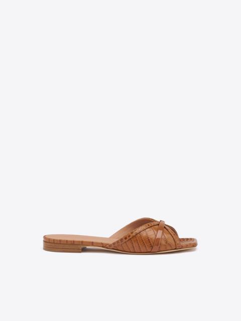 MALONE SOULIERS Perla Caramel Brown Croc-Embossed Leather Flat Sandals