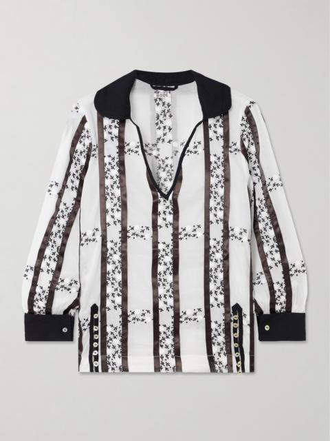 BODE Lattice Sprig Embroidered Button-embellished Satin-trimmed Cotton Blouse