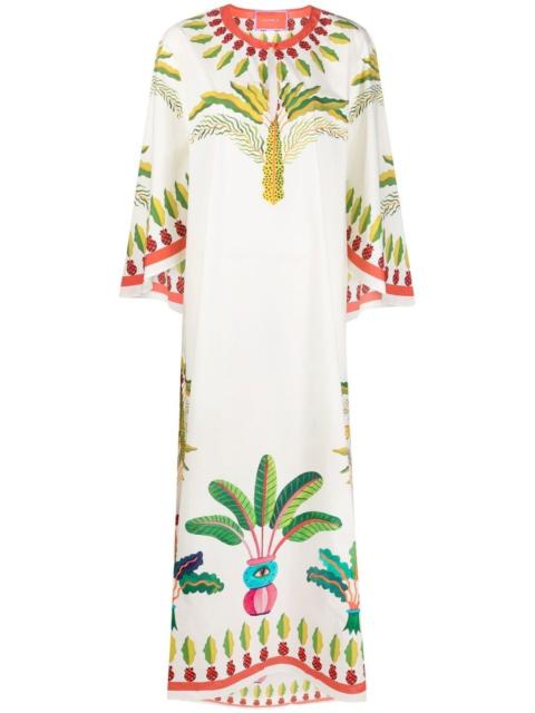 Flying palm tree-print poplin kaftan dress