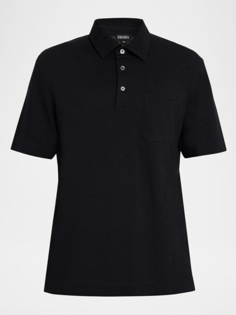 ZEGNA Men's Cotton Polo Shirt with Leather-Trim Pocket