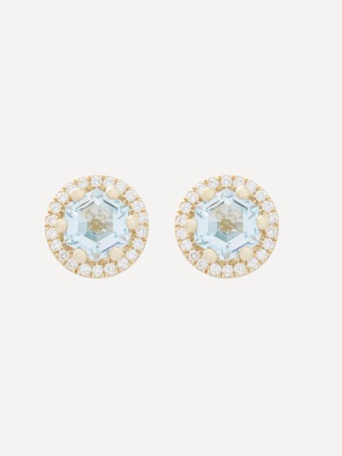 SUZANNE KALAN 14ct Gold Halo Blue Topaz Hex Stud Earrings