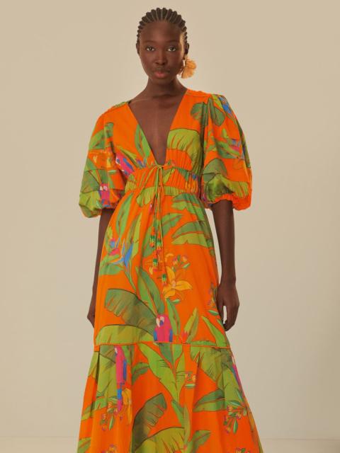 FARM RIO Orange Fresh Macaws Midi Dress
