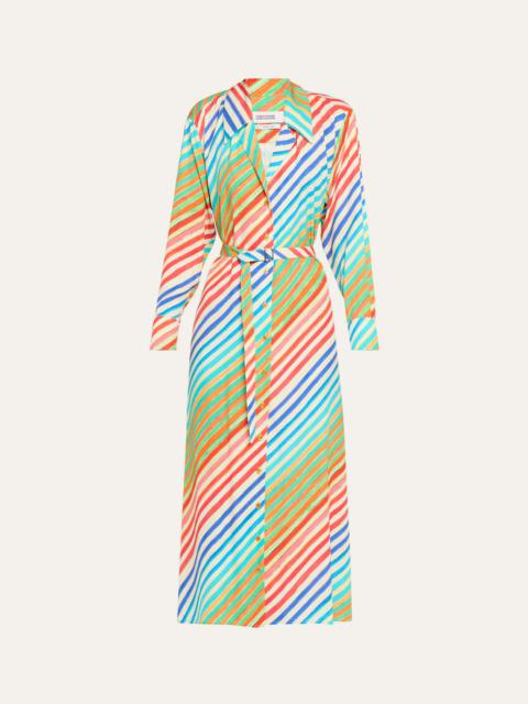 CHRISTOPHER JOHN ROGERS Rainbow Striped Waist-Tie Bias Midi Shirtdress