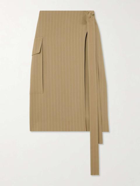 Victoria Beckham Tie-detailed pinstriped wool-twill midi wrap skirt Sand