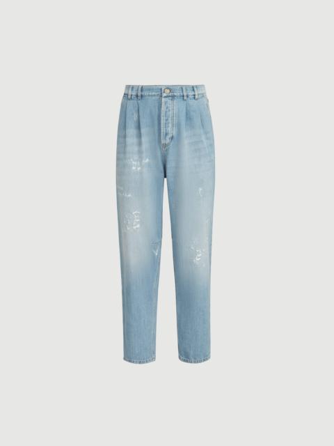 Brunello Cucinelli Lightweight denim iconic fit five-pocket trousers with double pleats and rips