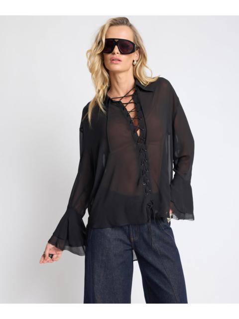 ONE TEASPOON Dark Muse Sheer Lace Up Shirt - Black