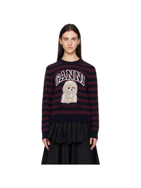 GANNI Burgundy Graphic Wool Mix Poodle Stripe Sweater
