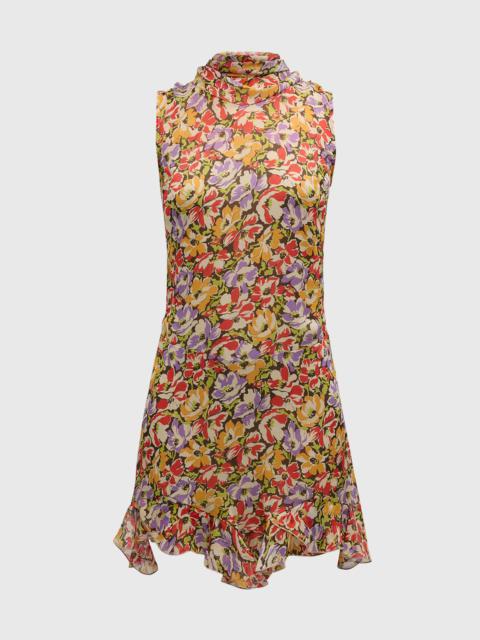 Ultra Floral-Print Ruffle Sleeveless Silk Mini Dress