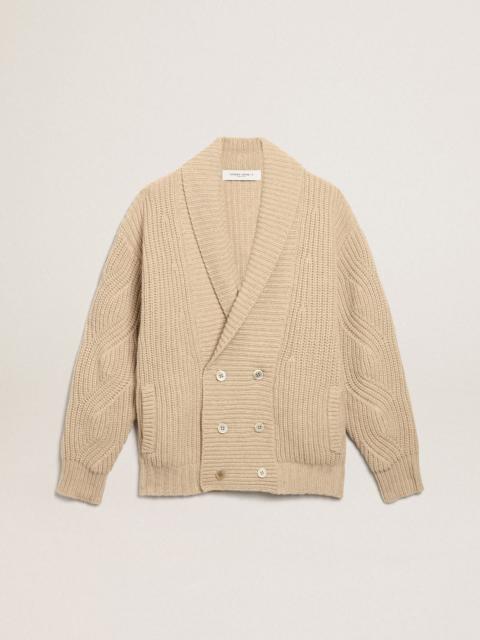 Golden Goose Men's double-breasted beige wool cardigan with leather patches