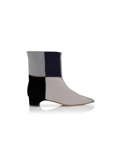 Manolo Blahnik Grey, Navy and Black Suede Patchwork Boots