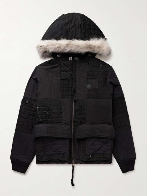 Greg Lauren Faux Fur-Trimmed Distressed Patchwork Cotton-Blend Hooded Jacket