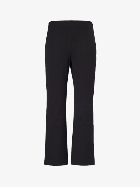 Elasticated-waist straight-leg mid-rise stretch-woven trousers
