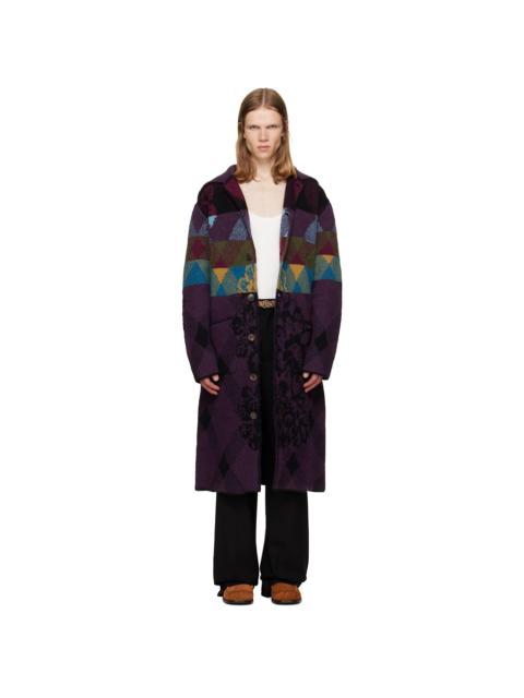 Dries Van Noten Purple Patchwork Wool Cardigan Coat