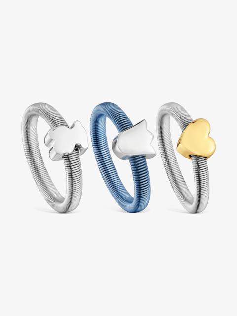 TOUS Pack of three silver and silver-plated heart, tulip and bear Rings TOUS Mesh Tube