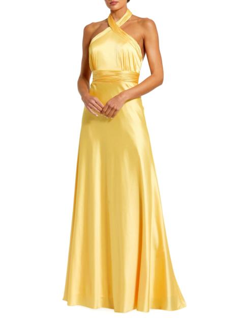 MAC DUGGAL Women's ​Halter Neck Tie-Back Ruched Satin Gown - Lemon