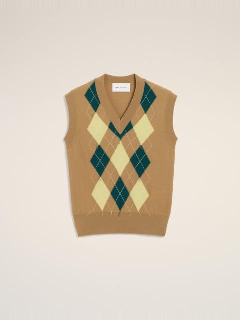 AMI Paris BROWN WOOL AND COTTON ARGYLE INTARSIA SLEEVELESS SWEATER
