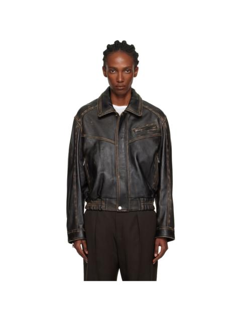 NOUR HAMMOUR Brown Clint Cropped Leather Bomber Jacket