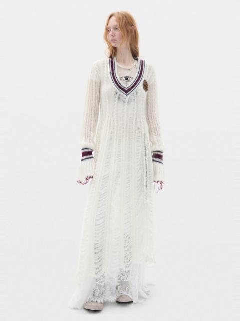 Ann Demeulemeester Danna Cable Knit Ladder Stitch Asymmetric Dress with Embroidered Emble