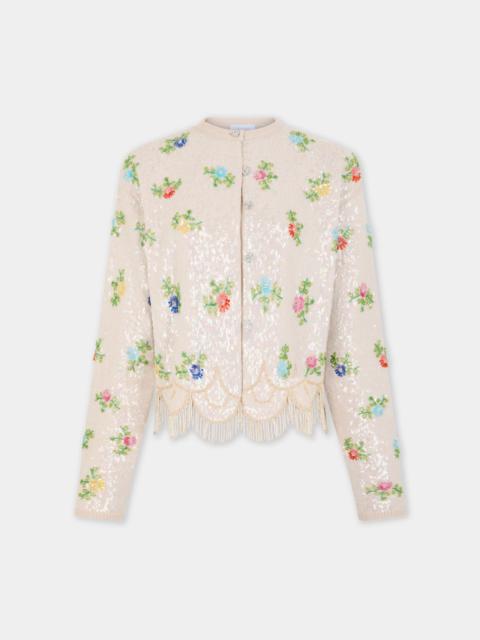 rabanne BEIGE HAND EMBROIDERED WOOL CARDIGAN WITH FLORAL MOTIF