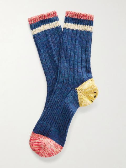 Kapital Ivy Rainbowy Happy Heel Cotton and Hemp-Blend Socks Navy