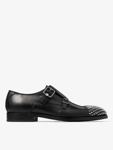 JIMMY CHOO Finnion Monkstrap
Black Calf Leather Monk Strap Shoes with Studs
