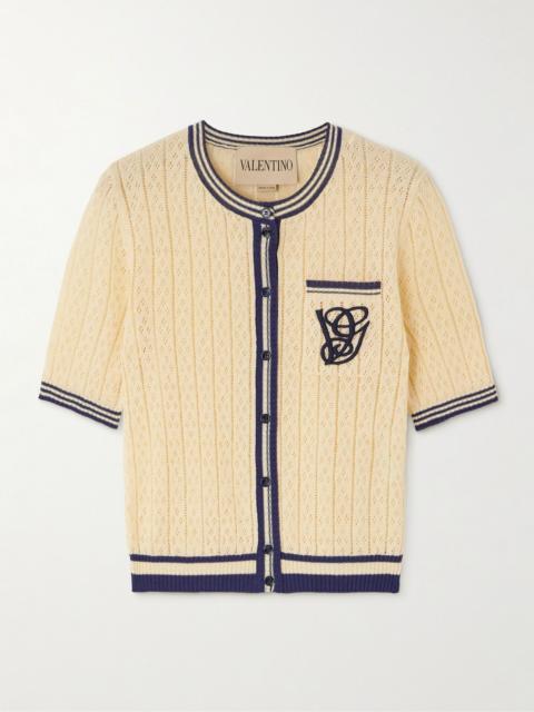 Valentino Embroidered striped pointelle-knit linen-blend cardigan Cream