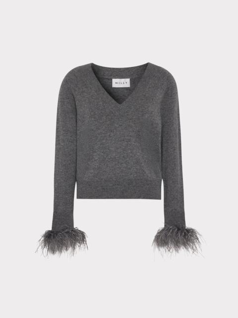 MILLY Feather Cuff V-Neck Sweater