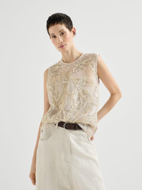 Brunello Cucinelli Crispy silk top with dazzling seabed embroidery
