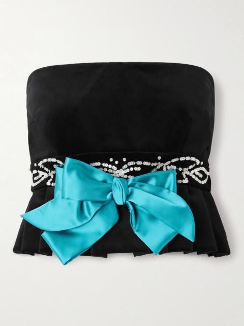Valentino Embellished satin-trimmed cropped cotton-blend velvet peplum top Black