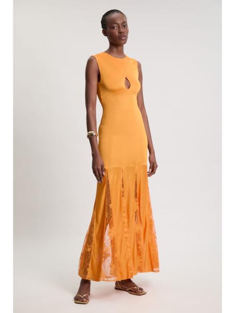 KAREN MILLEN Viscose Blend Slinky Sheer Lace Detail Knit Maxi Dress