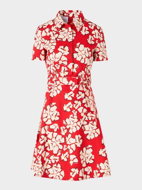 AKRIS Papercut Flower Print Denim Belted Shirtdress